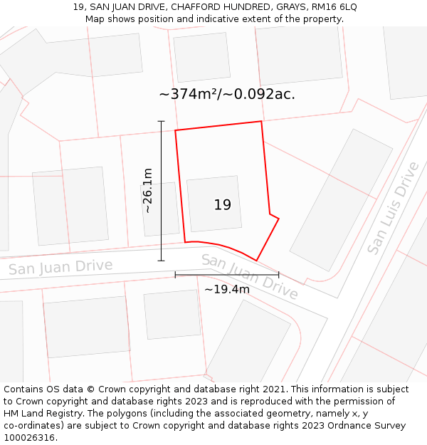 19, SAN JUAN DRIVE, CHAFFORD HUNDRED, GRAYS, RM16 6LQ: Plot and title map