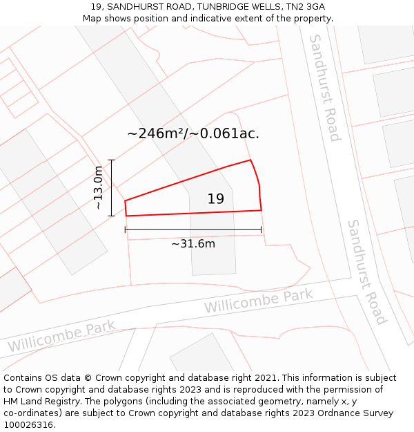 19, SANDHURST ROAD, TUNBRIDGE WELLS, TN2 3GA: Plot and title map