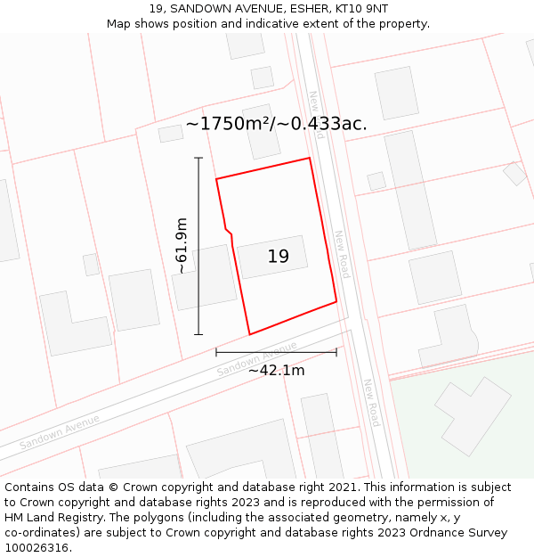 19, SANDOWN AVENUE, ESHER, KT10 9NT: Plot and title map