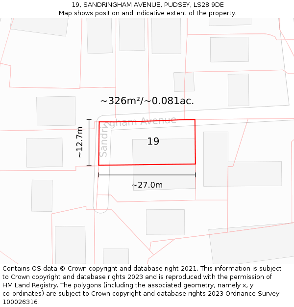 19, SANDRINGHAM AVENUE, PUDSEY, LS28 9DE: Plot and title map