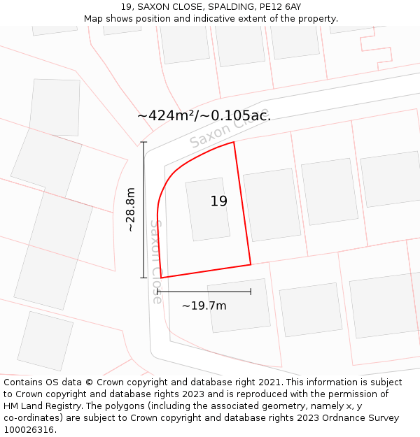 19, SAXON CLOSE, SPALDING, PE12 6AY: Plot and title map