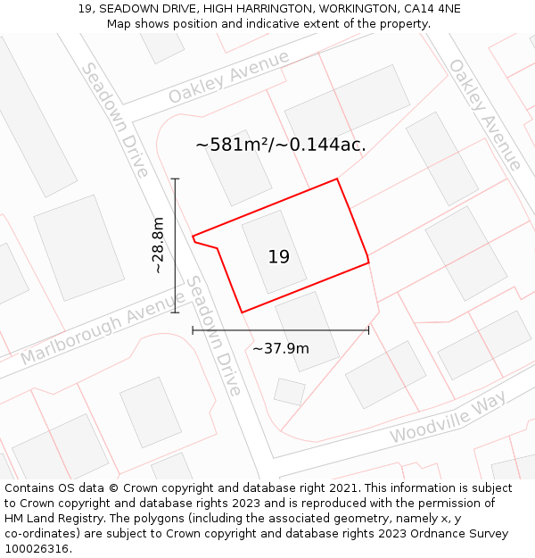 19, SEADOWN DRIVE, HIGH HARRINGTON, WORKINGTON, CA14 4NE: Plot and title map