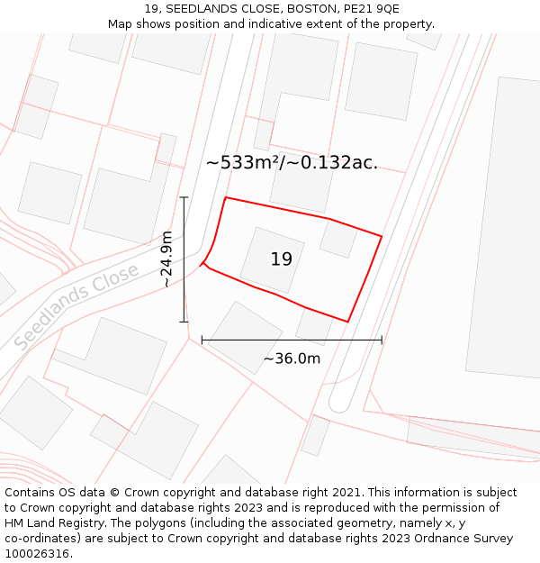 19, SEEDLANDS CLOSE, BOSTON, PE21 9QE: Plot and title map