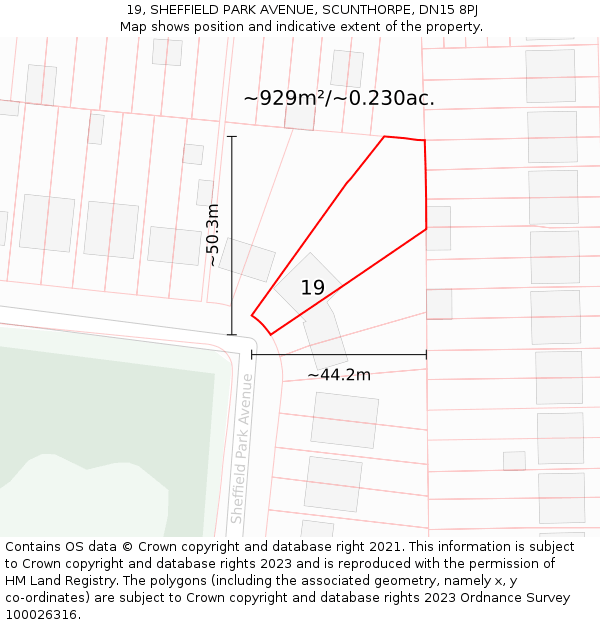 19, SHEFFIELD PARK AVENUE, SCUNTHORPE, DN15 8PJ: Plot and title map