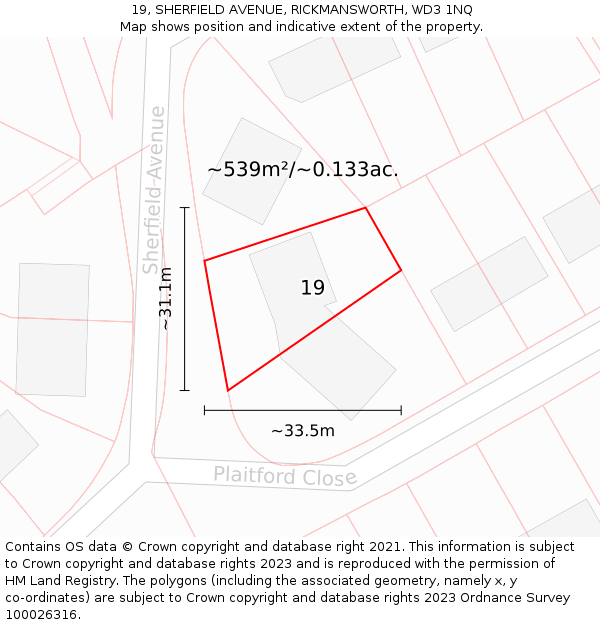 19, SHERFIELD AVENUE, RICKMANSWORTH, WD3 1NQ: Plot and title map