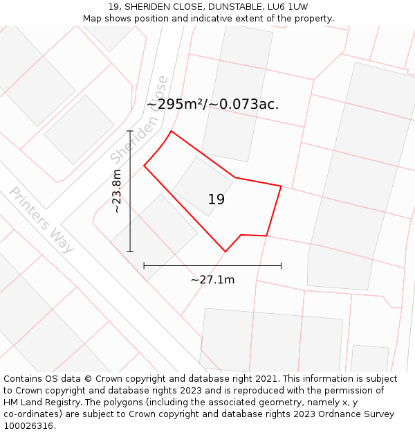19, SHERIDEN CLOSE, DUNSTABLE, LU6 1UW: Plot and title map