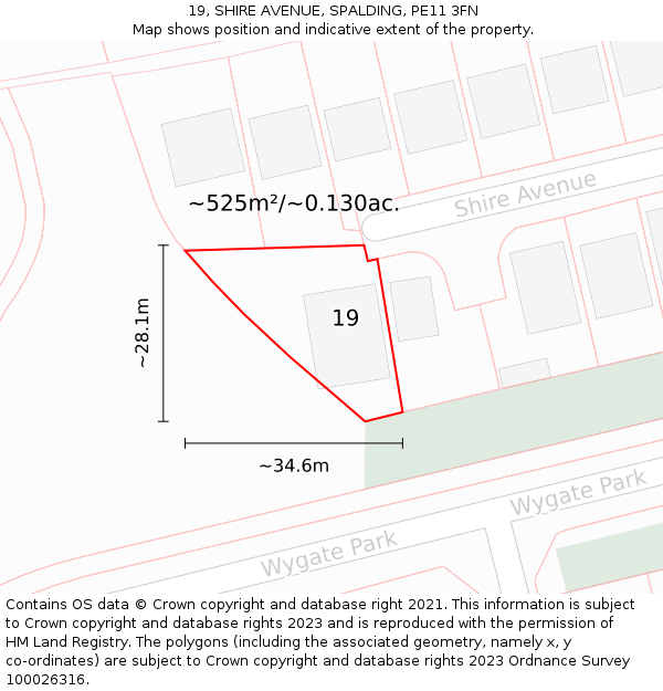 19, SHIRE AVENUE, SPALDING, PE11 3FN: Plot and title map
