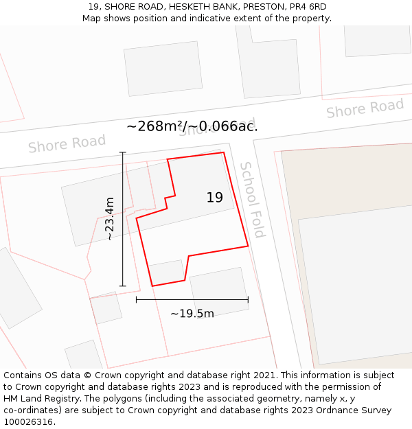 19, SHORE ROAD, HESKETH BANK, PRESTON, PR4 6RD: Plot and title map