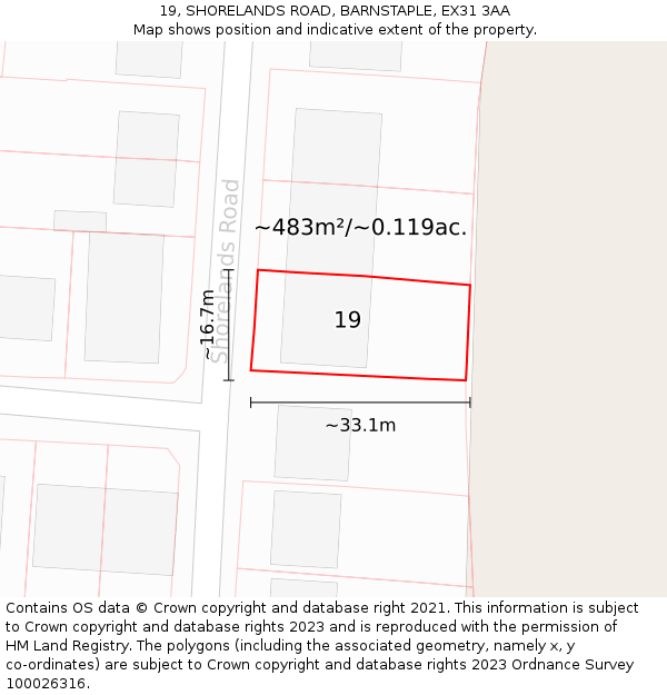 19, SHORELANDS ROAD, BARNSTAPLE, EX31 3AA: Plot and title map