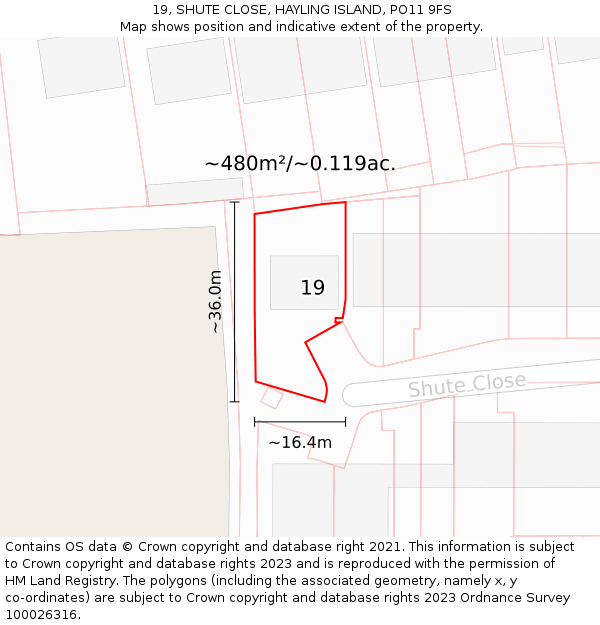 19, SHUTE CLOSE, HAYLING ISLAND, PO11 9FS: Plot and title map