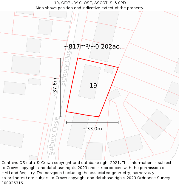 19, SIDBURY CLOSE, ASCOT, SL5 0PD: Plot and title map