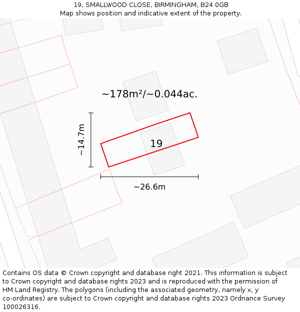 19, SMALLWOOD CLOSE, BIRMINGHAM, B24 0GB: Plot and title map