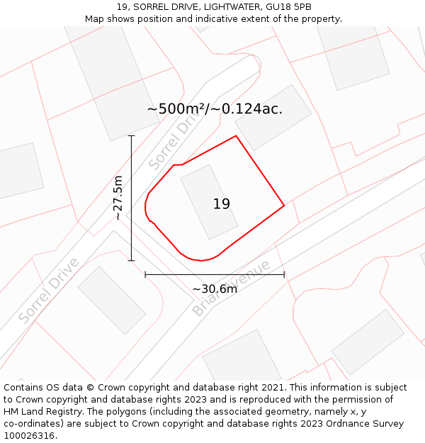 19, SORREL DRIVE, LIGHTWATER, GU18 5PB: Plot and title map