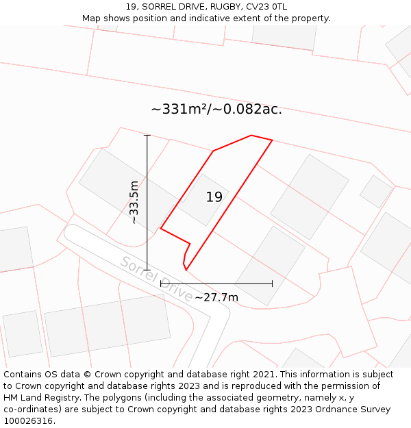 19, SORREL DRIVE, RUGBY, CV23 0TL: Plot and title map