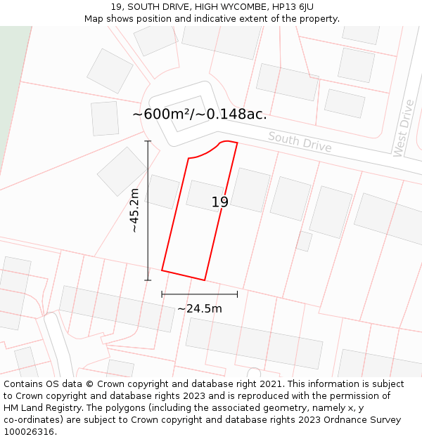 19, SOUTH DRIVE, HIGH WYCOMBE, HP13 6JU: Plot and title map