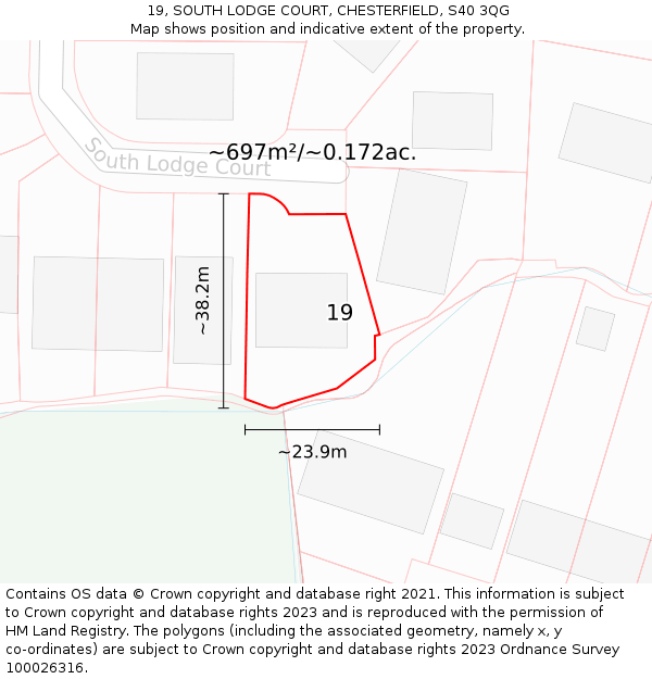 19, SOUTH LODGE COURT, CHESTERFIELD, S40 3QG: Plot and title map