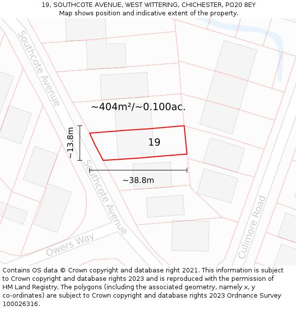 19, SOUTHCOTE AVENUE, WEST WITTERING, CHICHESTER, PO20 8EY: Plot and title map