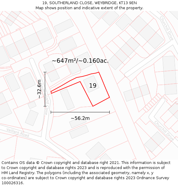 19, SOUTHERLAND CLOSE, WEYBRIDGE, KT13 9EN: Plot and title map