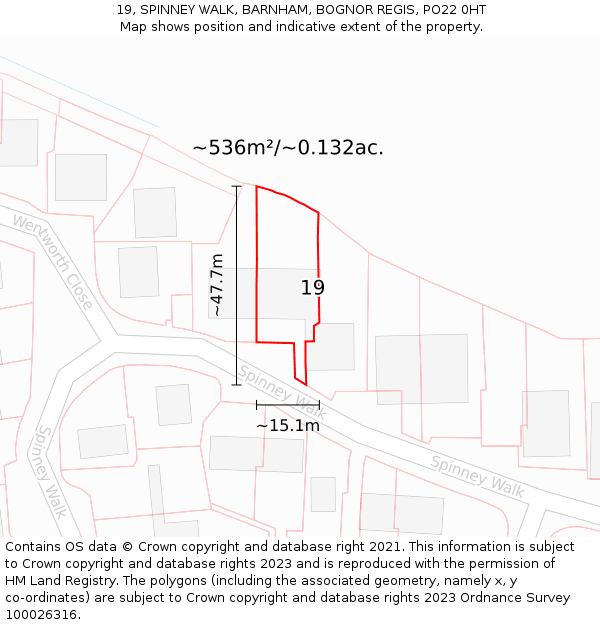 19, SPINNEY WALK, BARNHAM, BOGNOR REGIS, PO22 0HT: Plot and title map