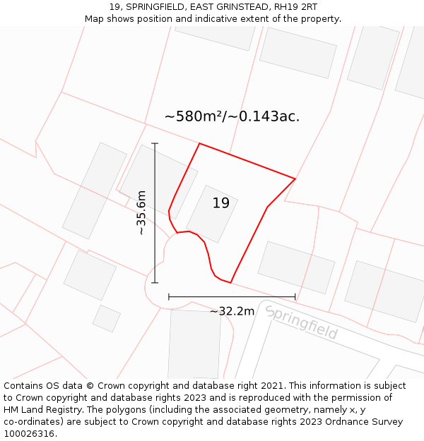 19, SPRINGFIELD, EAST GRINSTEAD, RH19 2RT: Plot and title map