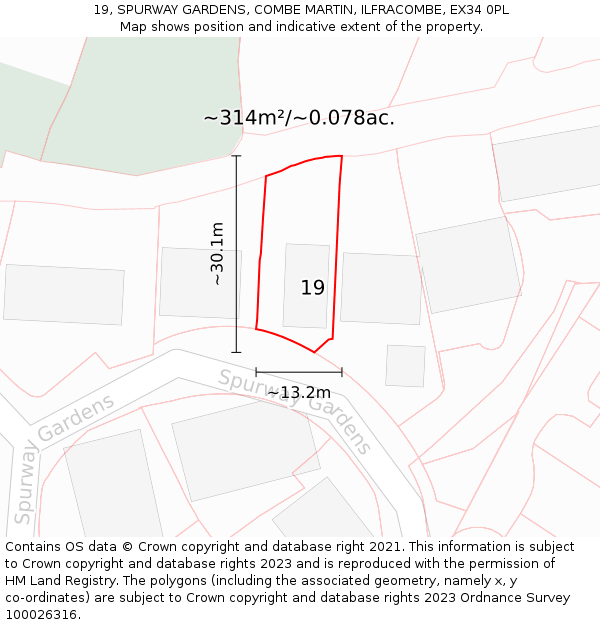 19, SPURWAY GARDENS, COMBE MARTIN, ILFRACOMBE, EX34 0PL: Plot and title map