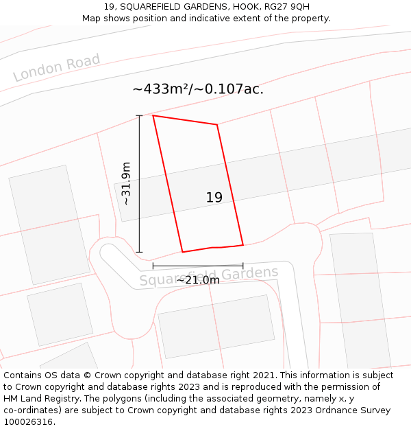 19, SQUAREFIELD GARDENS, HOOK, RG27 9QH: Plot and title map