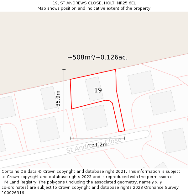 19, ST ANDREWS CLOSE, HOLT, NR25 6EL: Plot and title map