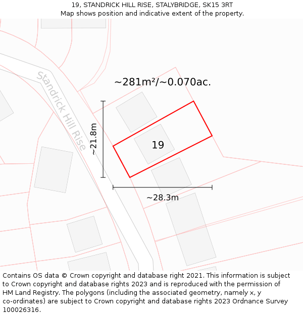 19, STANDRICK HILL RISE, STALYBRIDGE, SK15 3RT: Plot and title map