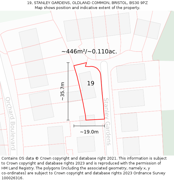 19, STANLEY GARDENS, OLDLAND COMMON, BRISTOL, BS30 9PZ: Plot and title map