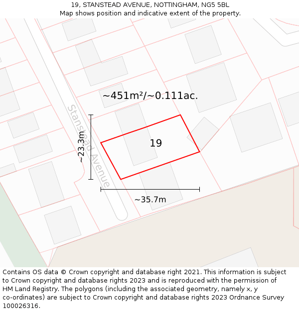 19, STANSTEAD AVENUE, NOTTINGHAM, NG5 5BL: Plot and title map