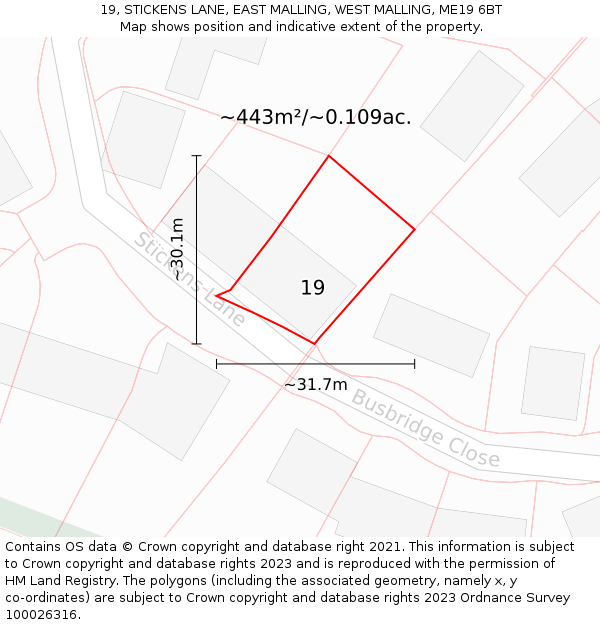 19, STICKENS LANE, EAST MALLING, WEST MALLING, ME19 6BT: Plot and title map
