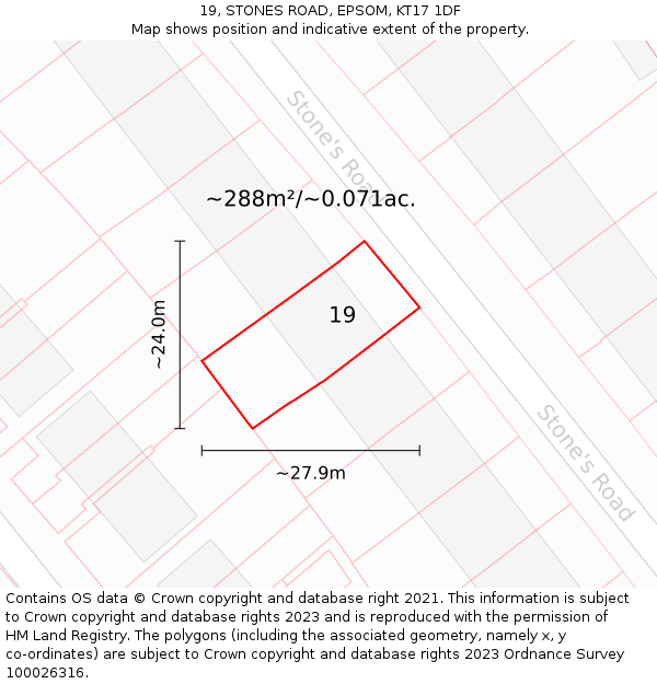 19, STONES ROAD, EPSOM, KT17 1DF: Plot and title map