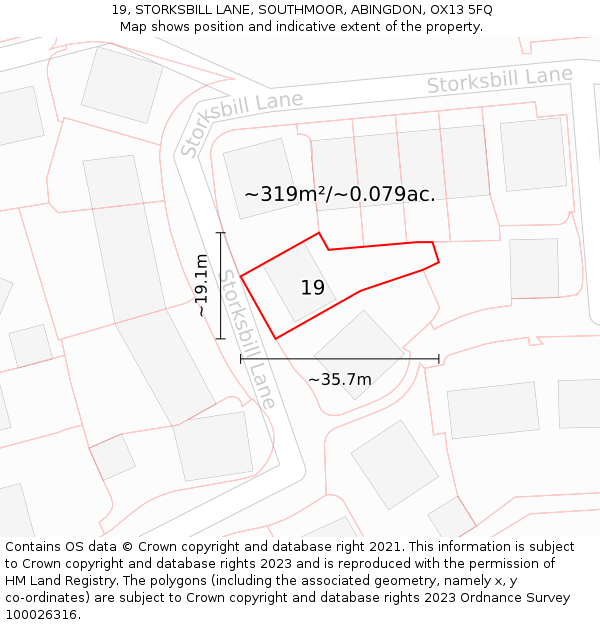 19, STORKSBILL LANE, SOUTHMOOR, ABINGDON, OX13 5FQ: Plot and title map