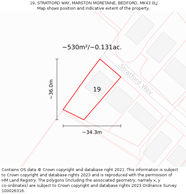 19, STRATFORD WAY, MARSTON MORETAINE, BEDFORD, MK43 0LJ: Plot and title map