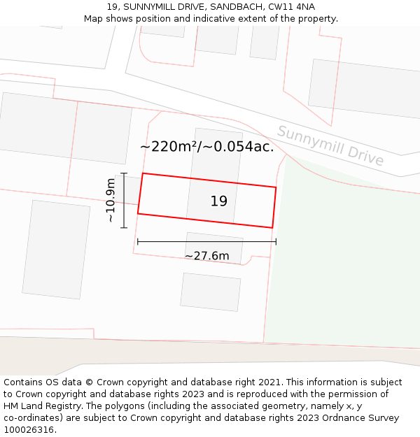 19, SUNNYMILL DRIVE, SANDBACH, CW11 4NA: Plot and title map