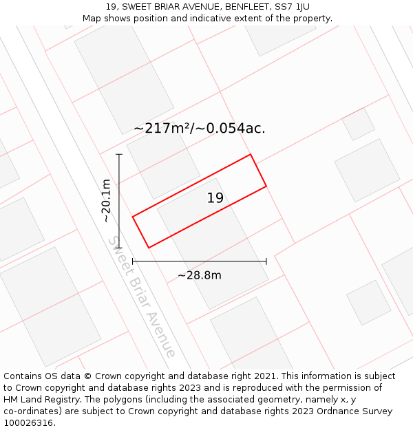 19, SWEET BRIAR AVENUE, BENFLEET, SS7 1JU: Plot and title map