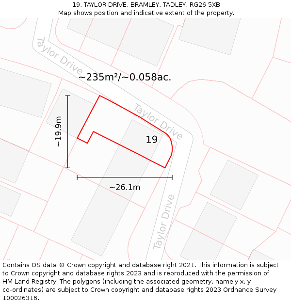 19, TAYLOR DRIVE, BRAMLEY, TADLEY, RG26 5XB: Plot and title map