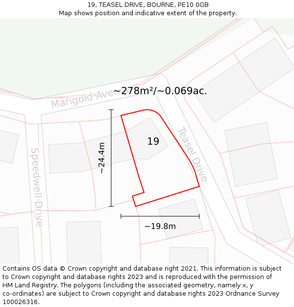 19, TEASEL DRIVE, BOURNE, PE10 0GB: Plot and title map