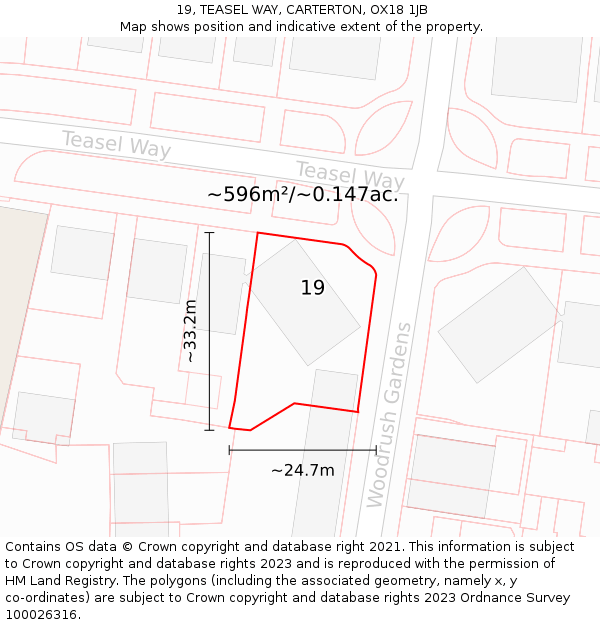 19, TEASEL WAY, CARTERTON, OX18 1JB: Plot and title map