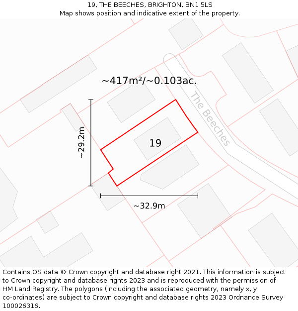 19, THE BEECHES, BRIGHTON, BN1 5LS: Plot and title map