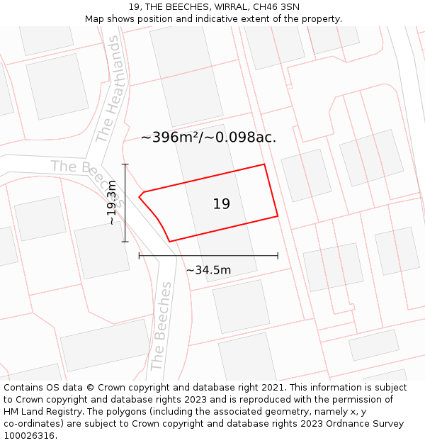 19, THE BEECHES, WIRRAL, CH46 3SN: Plot and title map