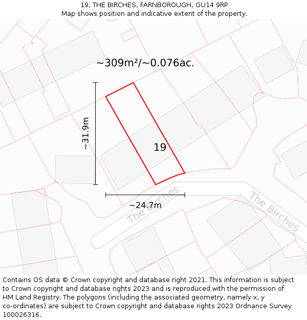 19, THE BIRCHES, FARNBOROUGH, GU14 9RP: Plot and title map