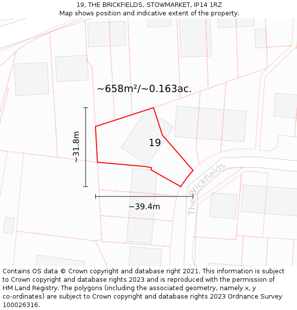 19, THE BRICKFIELDS, STOWMARKET, IP14 1RZ: Plot and title map