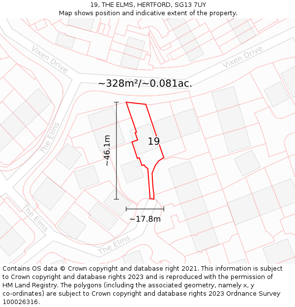 19, THE ELMS, HERTFORD, SG13 7UY: Plot and title map