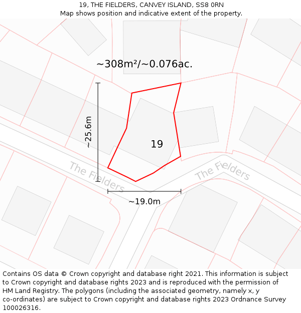 19, THE FIELDERS, CANVEY ISLAND, SS8 0RN: Plot and title map