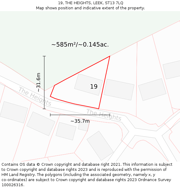 19, THE HEIGHTS, LEEK, ST13 7LQ: Plot and title map