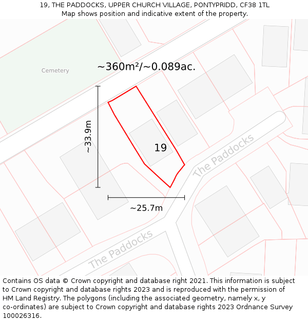 19, THE PADDOCKS, UPPER CHURCH VILLAGE, PONTYPRIDD, CF38 1TL: Plot and title map