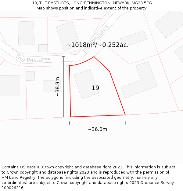 19, THE PASTURES, LONG BENNINGTON, NEWARK, NG23 5EG: Plot and title map