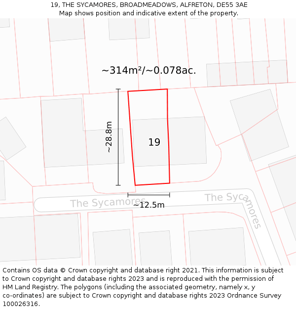 19, THE SYCAMORES, BROADMEADOWS, ALFRETON, DE55 3AE: Plot and title map