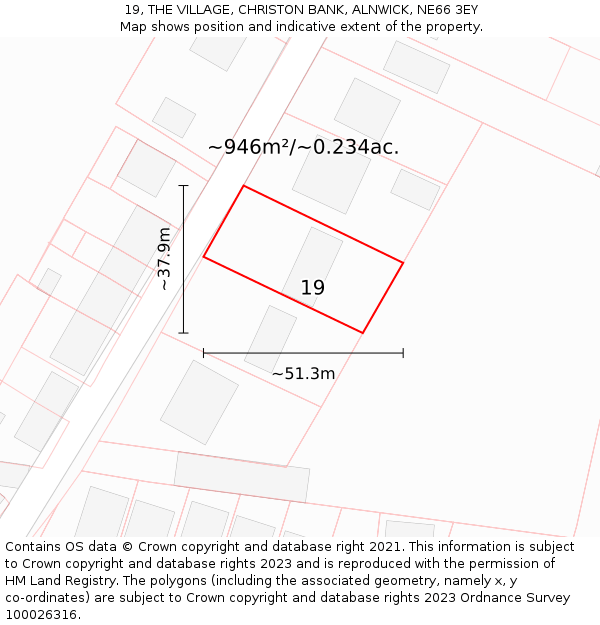 19, THE VILLAGE, CHRISTON BANK, ALNWICK, NE66 3EY: Plot and title map